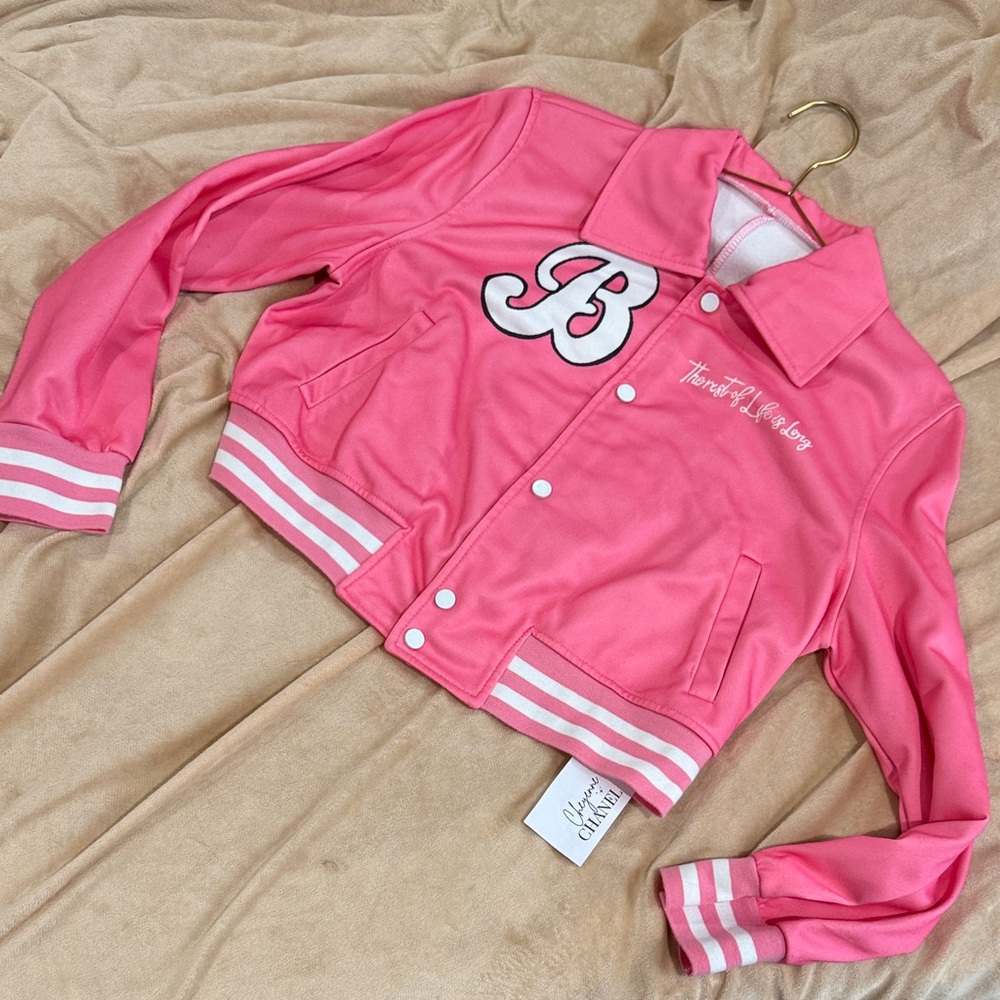 Vibrant Pink Jacket with Striped Cuffs